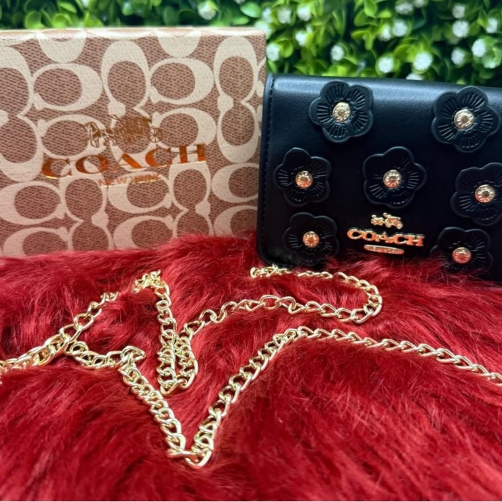 Coach Black Floral appliqué Crossbody Bag with Gold Chain comes in box